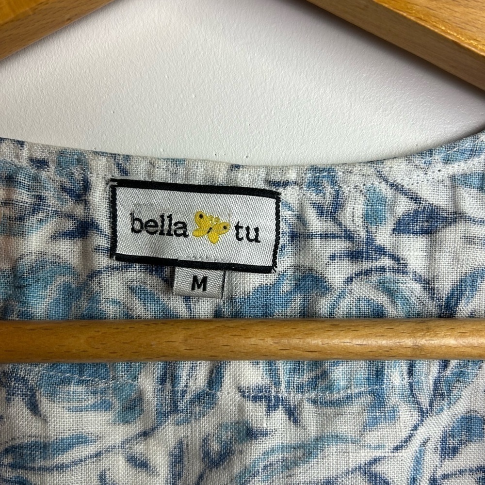 Bella tu Linen Mid dress Blue Floral Boho Embellished Neck Sleeveless Shift Sz M - Picture 6 of 15